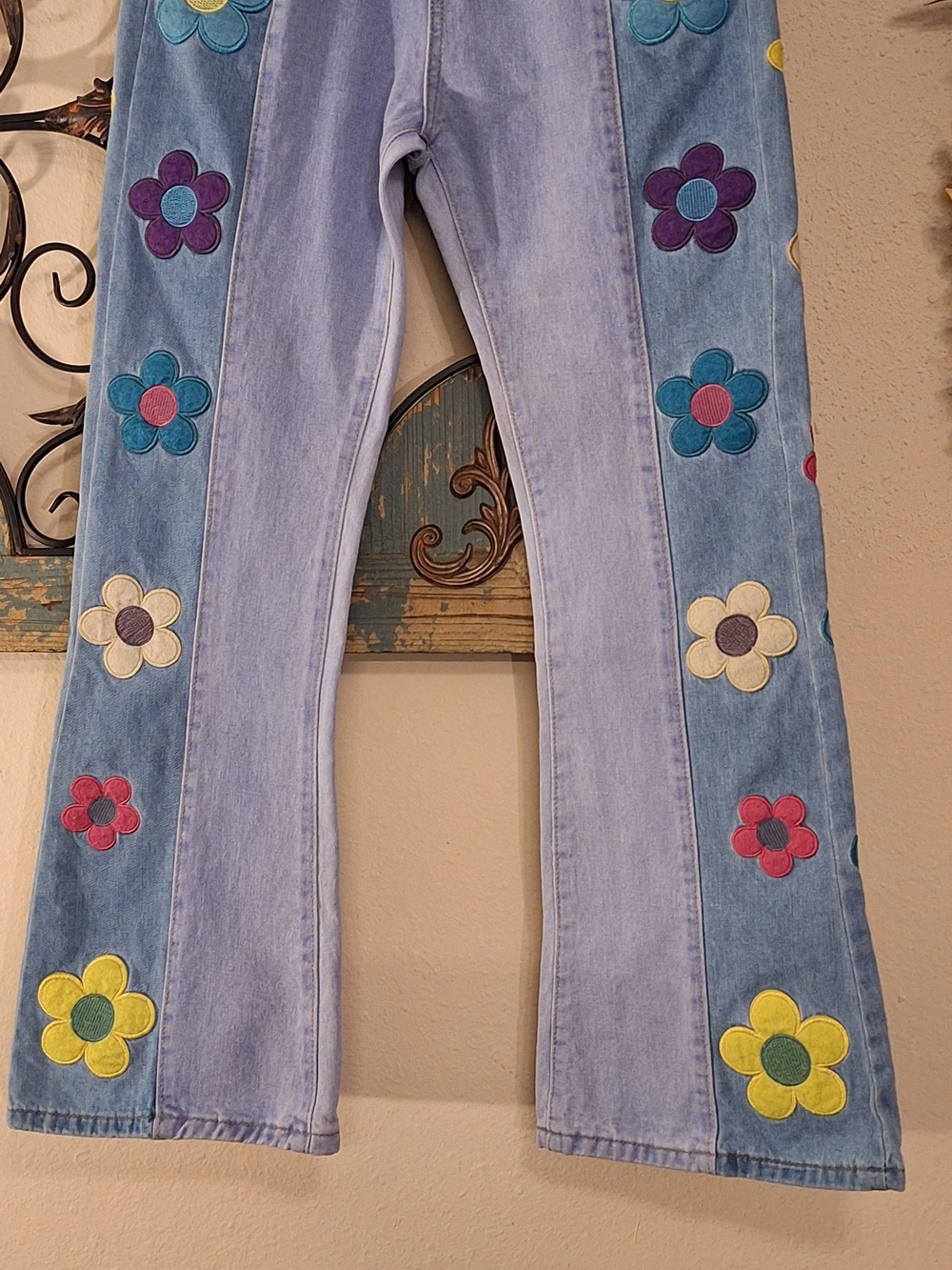 Light Blue Flare Jeans with Colorful Floral Side Panels. NWOT Size Small - Picture 10 of 12